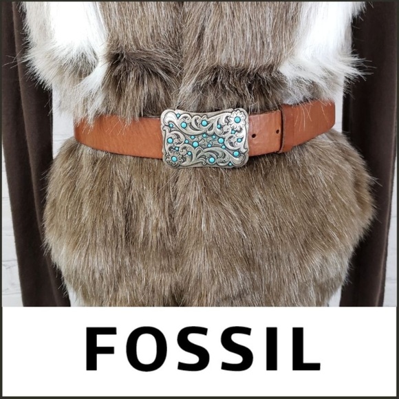 Fossil Accessories - FOSSIL Silver/Turquoise Buckle Boho Leather Belt L